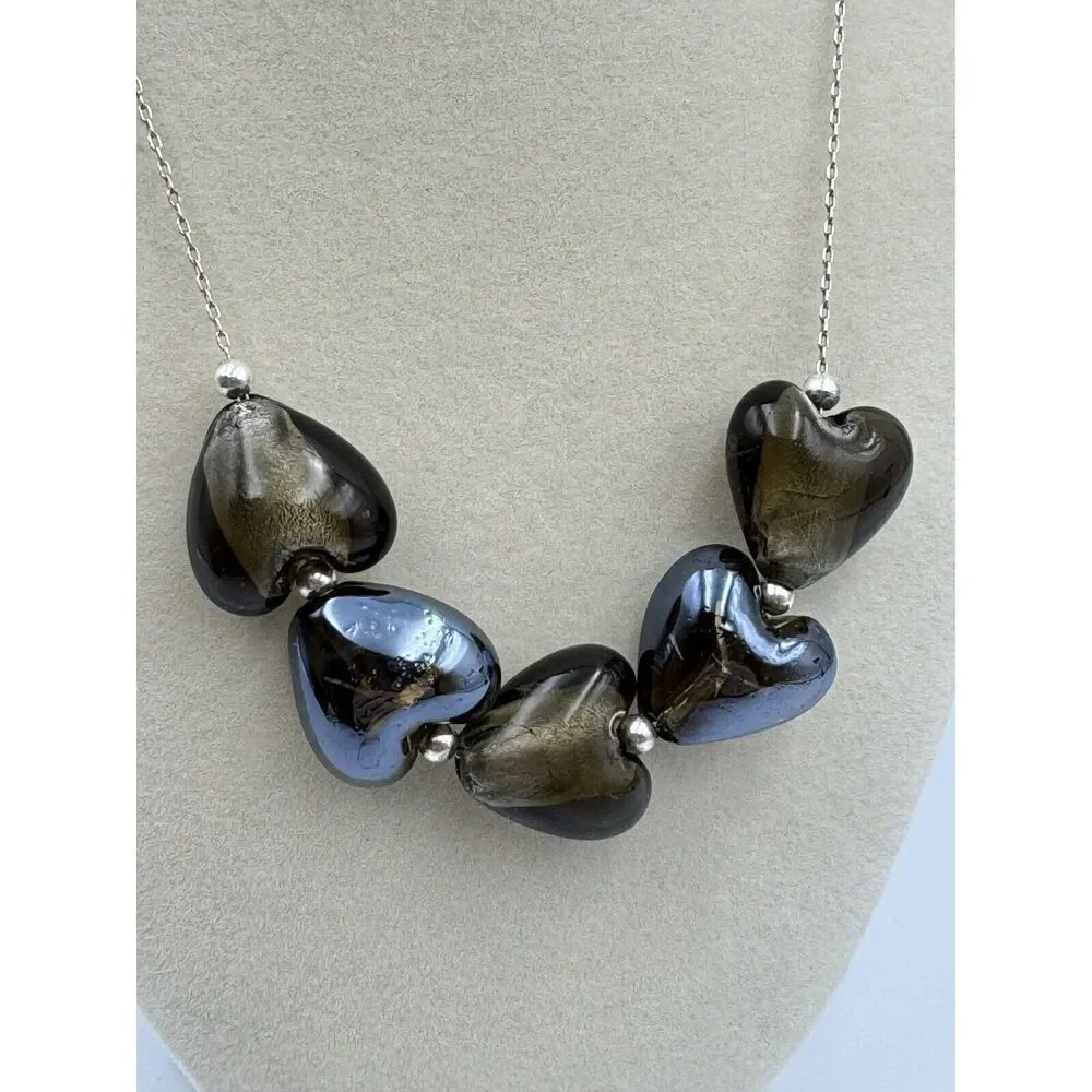 Sterling Silver Dichroic Lampwork Heart Glass Bead Necklace 16”-18” Boho Jewelry